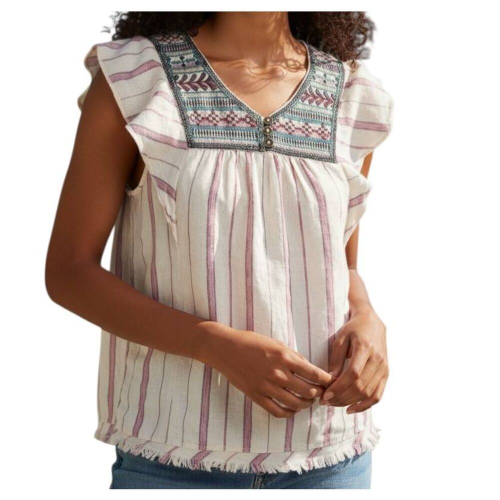 KNOX ROSE FLUTTER SLEEVE BOHO-INSPIRED TOP CREAM, RED, & BLUE SZ.XS GUC.